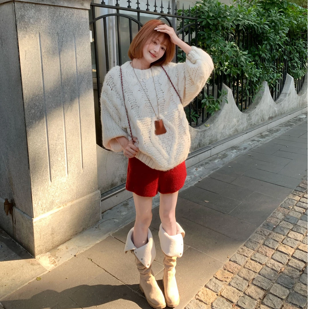 人间香奈鹅-红色小香编织短裤秋冬款时尚网红外穿毛呢短裤6034