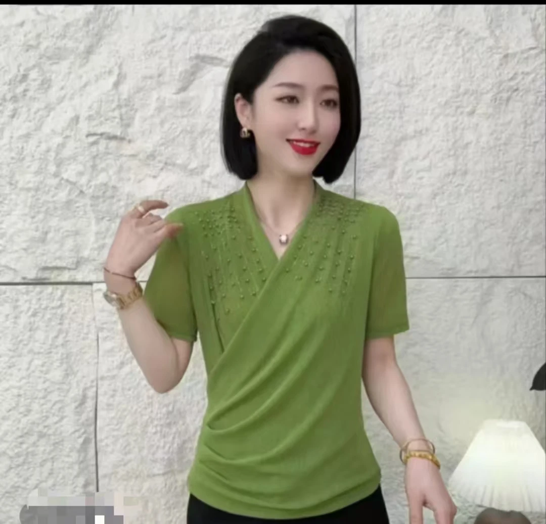 夏季巴黎流金纱交叉领V领钉珠短袖9916