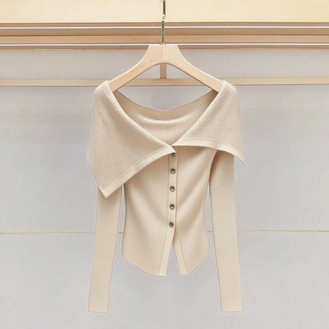 2025秋季新款温柔知性风女装洋气设计感翻领一字肩长袖针织衫上衣