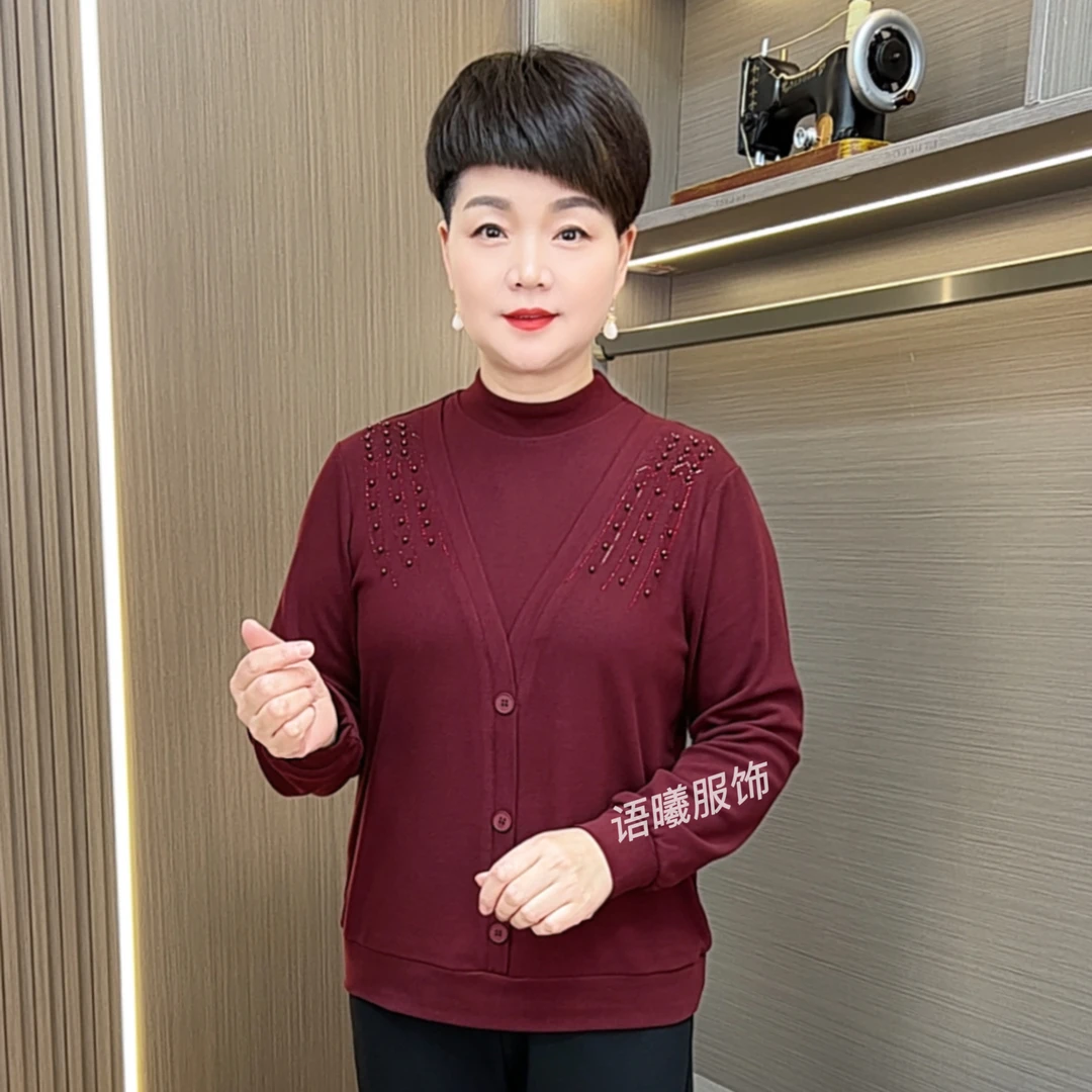 秋冬长袖宽松型休闲风中老年女装时尚百搭显瘦假两件打底衫F1308