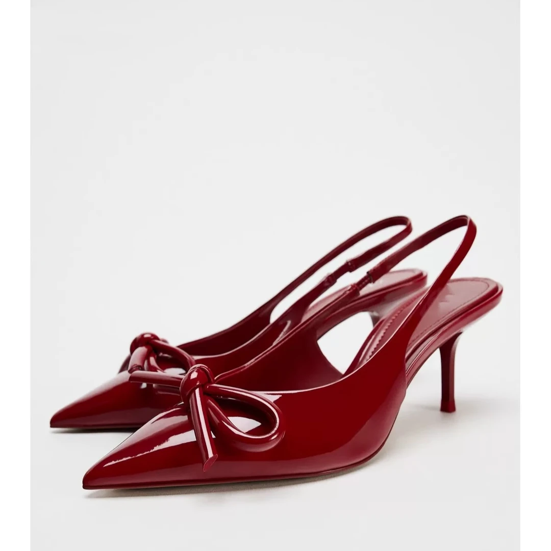 高跟鞋2025春春季新款红色蝴蝶结时尚百搭性感漆皮尖头穆勒单鞋女