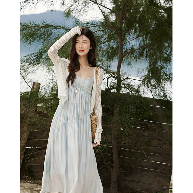 谜秀【蓝海精灵】扎染吊带无袖连衣裙显瘦海边度假风长裙