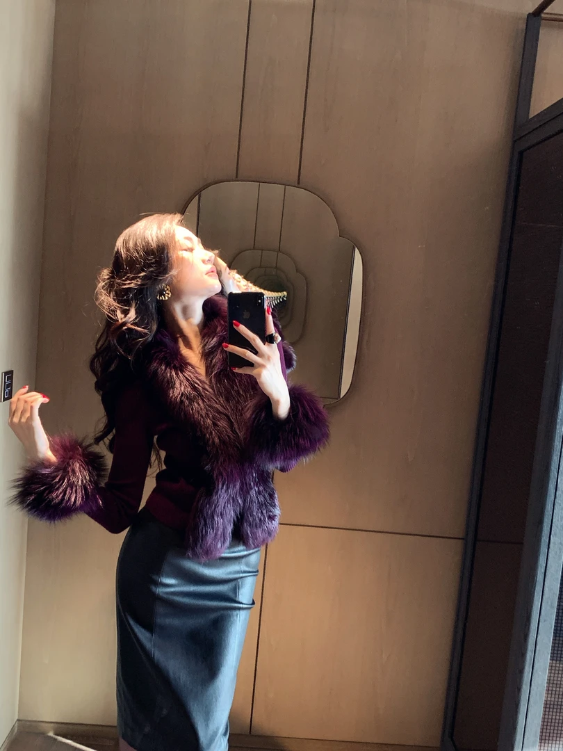 金南一秋冬显瘦气质银狐毛阿拉善山羊绒针织开衫外套0202411237