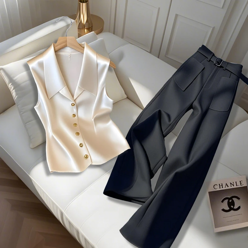 法式气质v领无袖缎面马甲背心女2025夏季时尚百搭黑色休闲裤套装