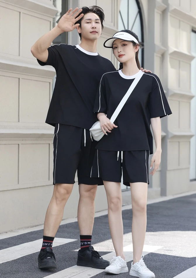 情侣圆领通用夏季宽松短袖短裤套装ins男装简约男士帅气百搭8666