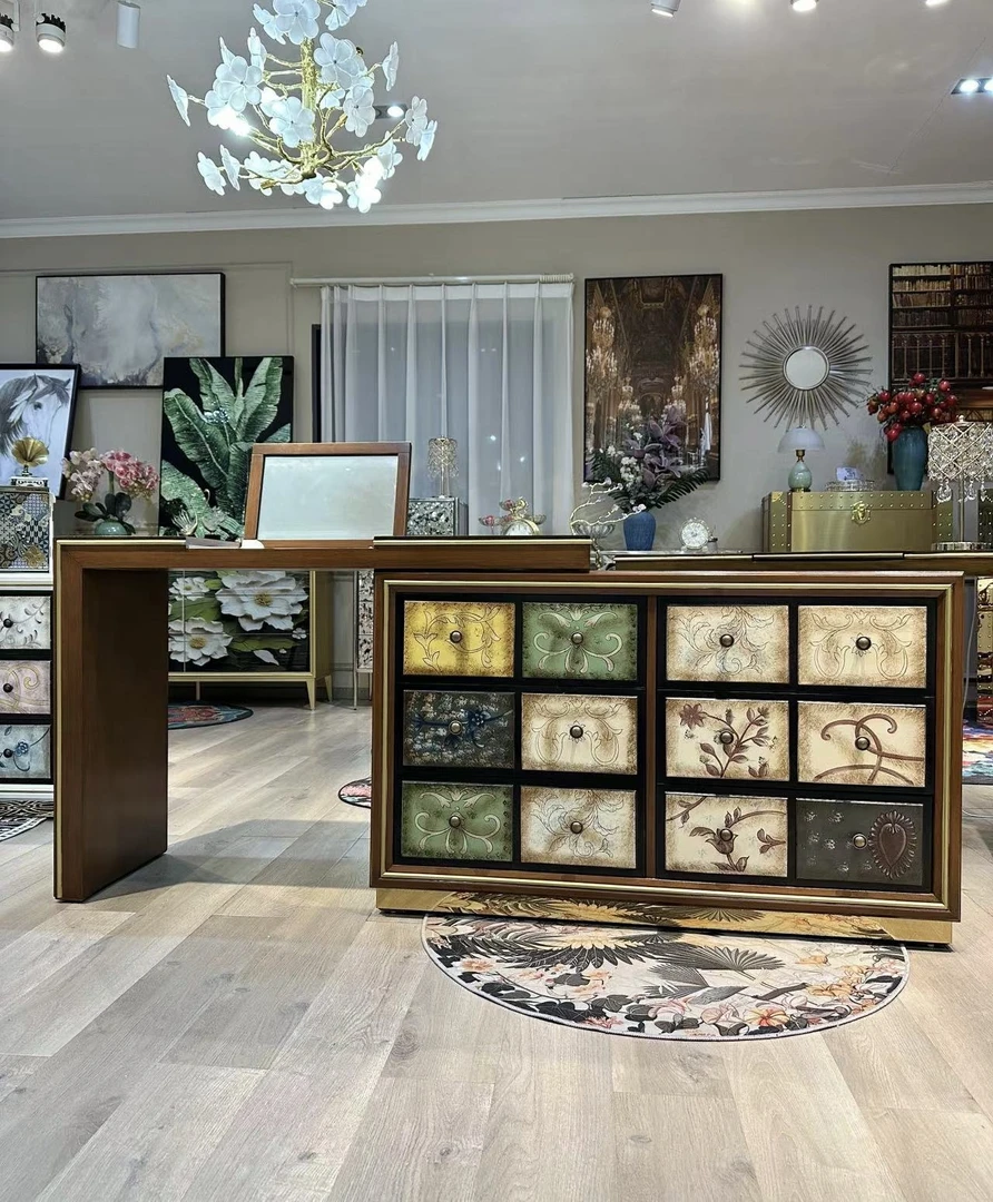 美式复古乡村手绘客厅玄关隔断做旧新中式新中式卧室梳妆台化妆柜