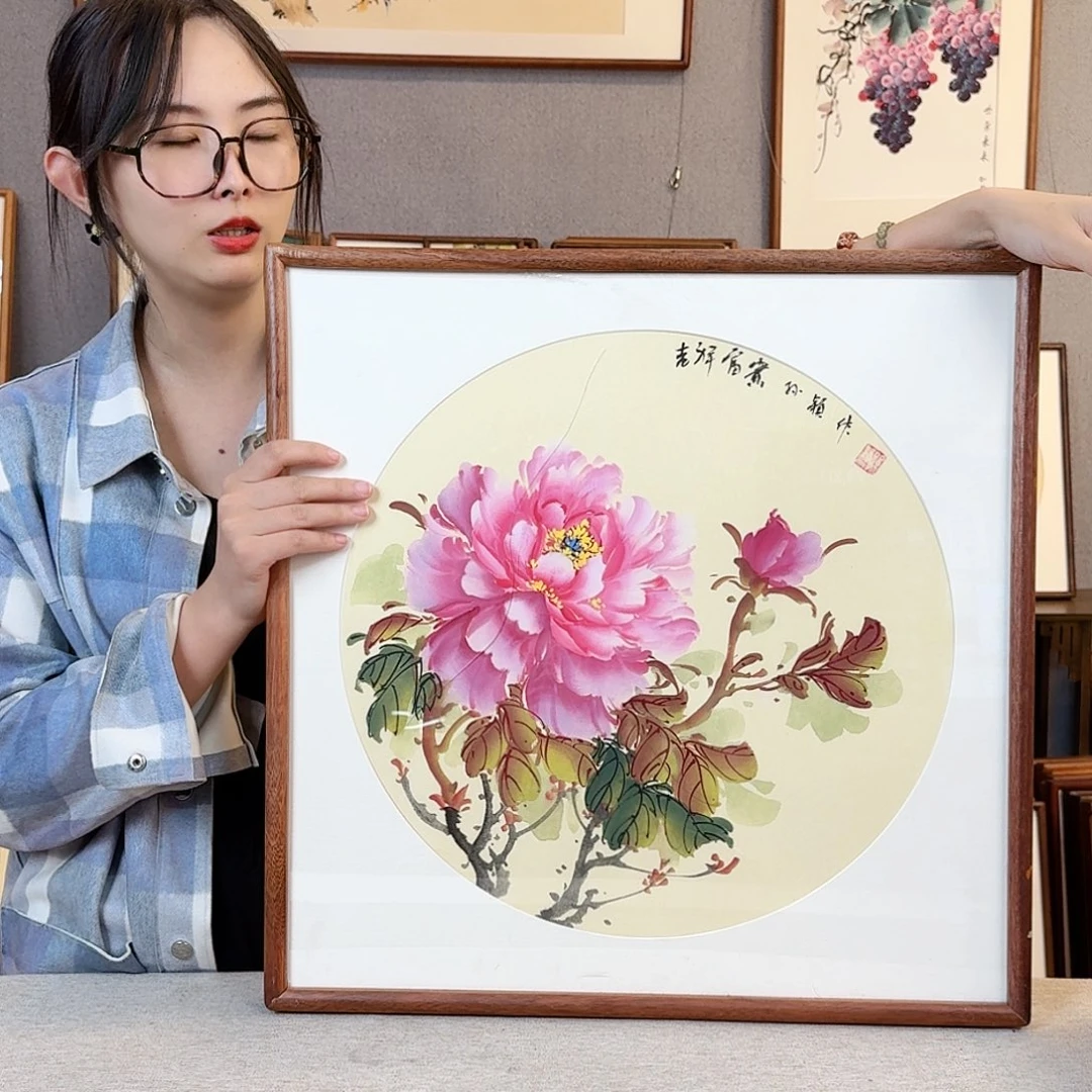 国画纯手绘，纯手写带框尺寸：53×53厘米