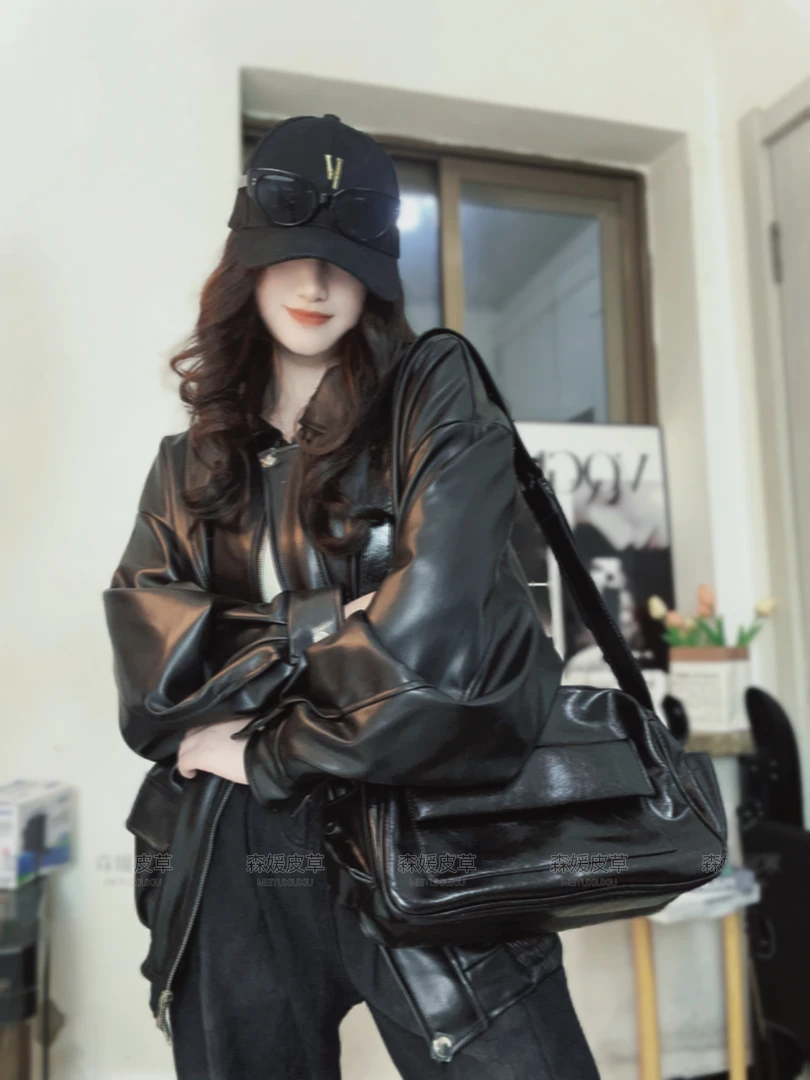 小众美式机车拽姐单里皮衣外套飞机服