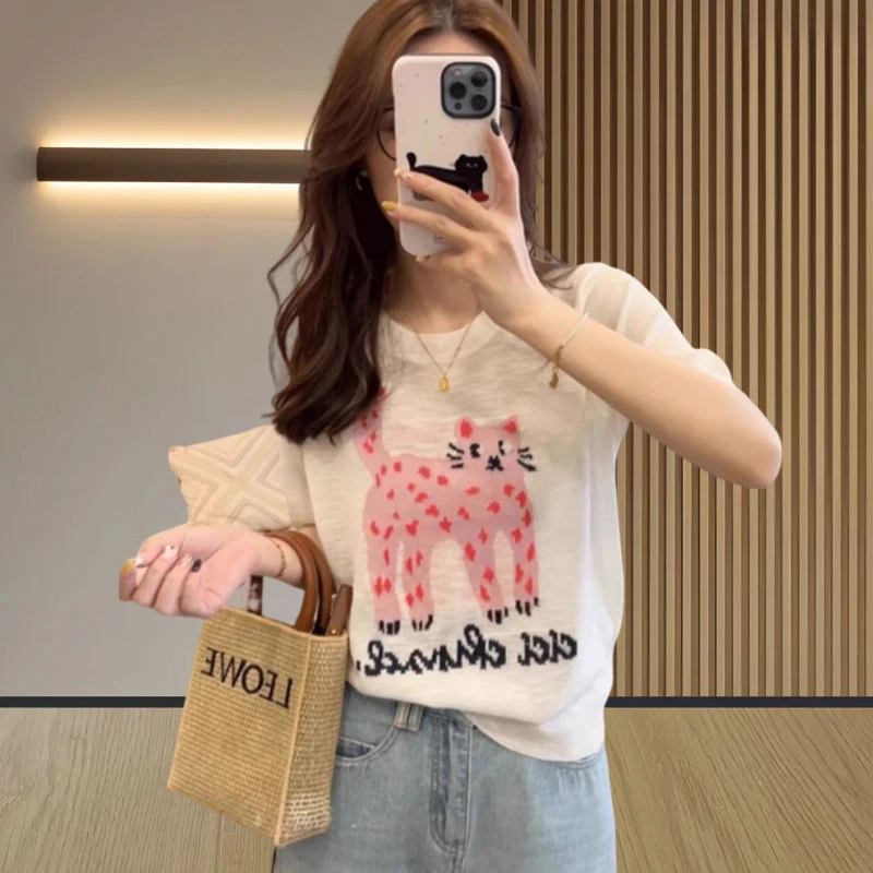 香朵儿别致透气薄款冰丝针织短袖女2025夏季新款印花圆领上衣女