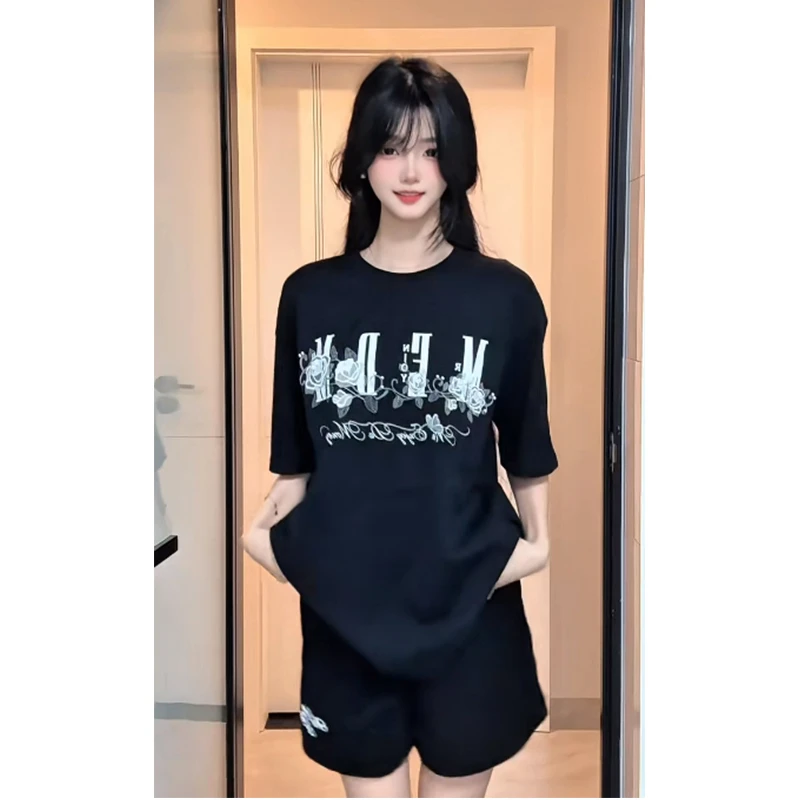 美式黑色纯棉短袖t恤女2025夏季新款小个子别致宽松正肩半袖上衣