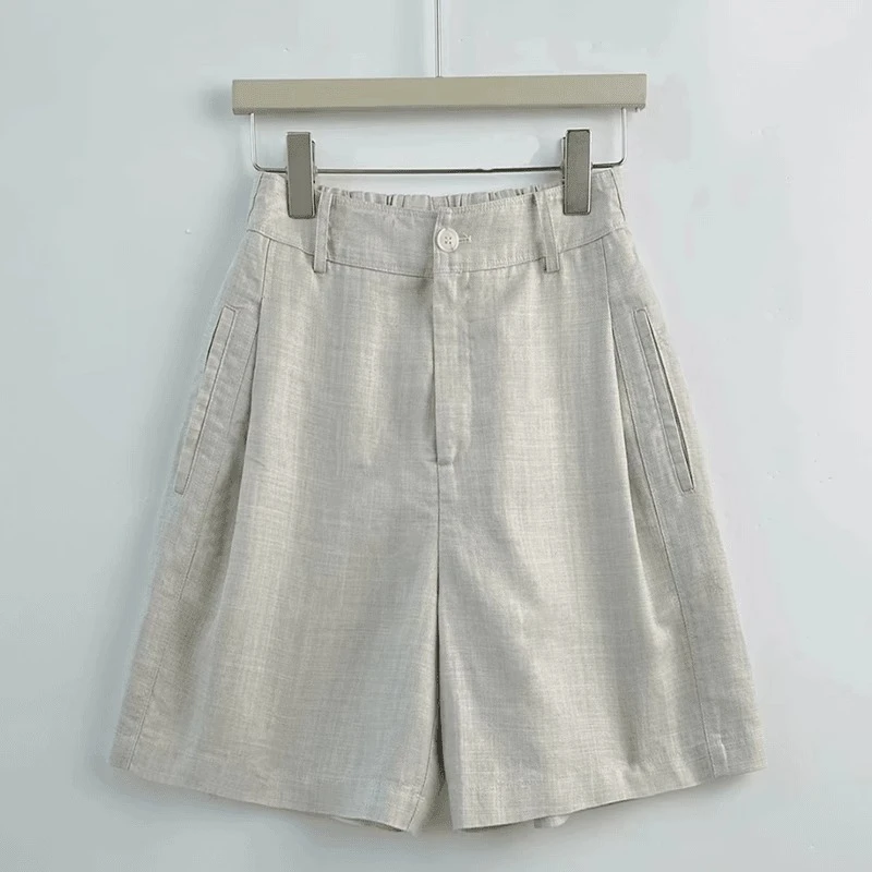 天丝亚麻休闲短裤女夏季薄款梨形身材胖mm高腰显瘦大码阔腿五分裤