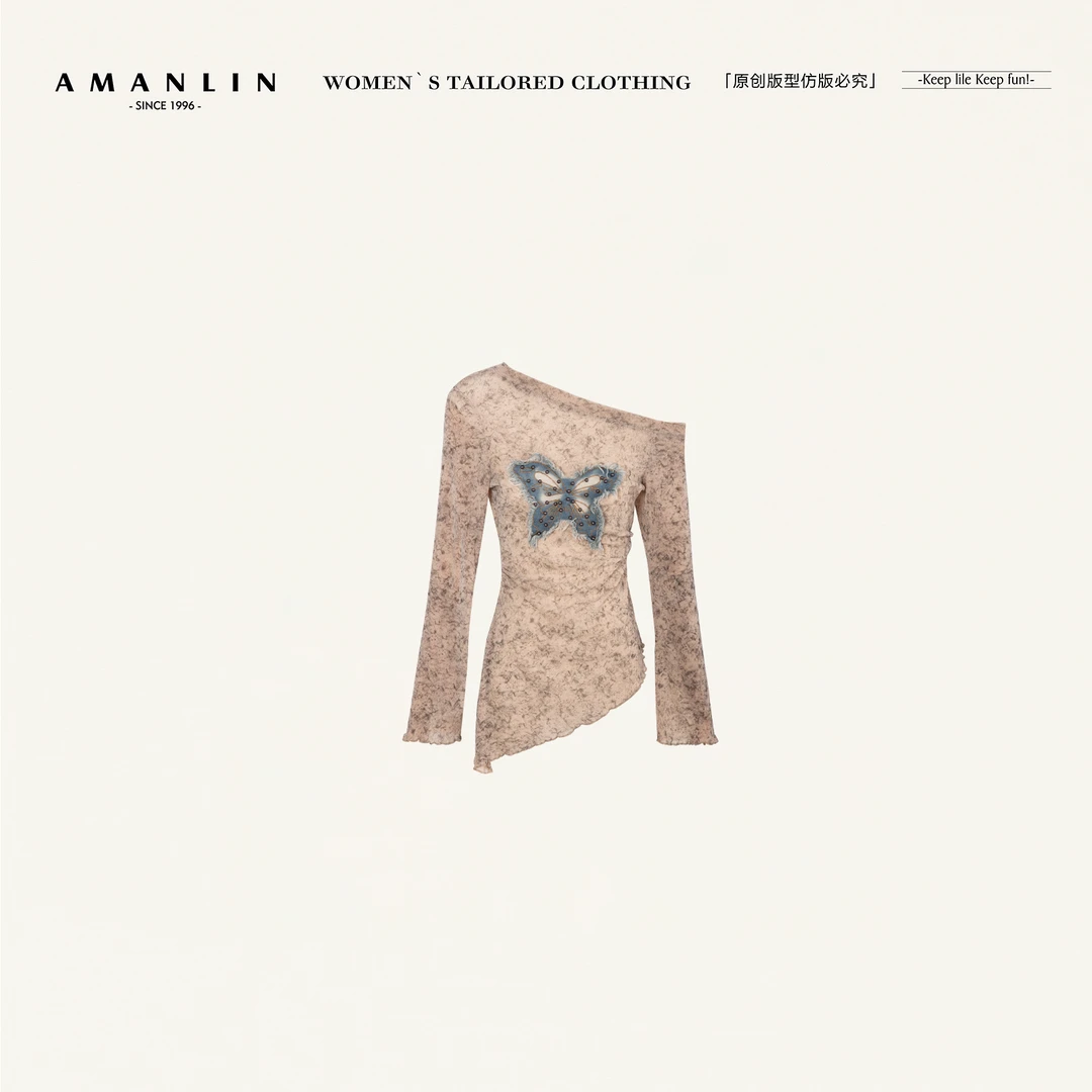 AMANLIN/阿谩琳琥珀流光时尚温柔晕染斜肩修身显瘦上衣Y600711