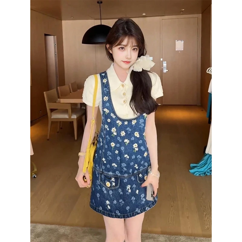 KSKM蓝色碎花背带裙女2025夏季新款美式复古设计感韩系双袋短裙