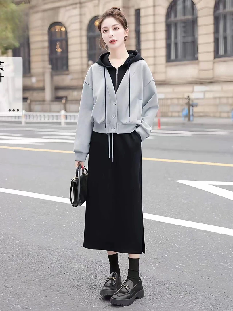 【SY254】时尚休闲套装女春秋季2025新款宽松减龄连帽卫衣裙两件套