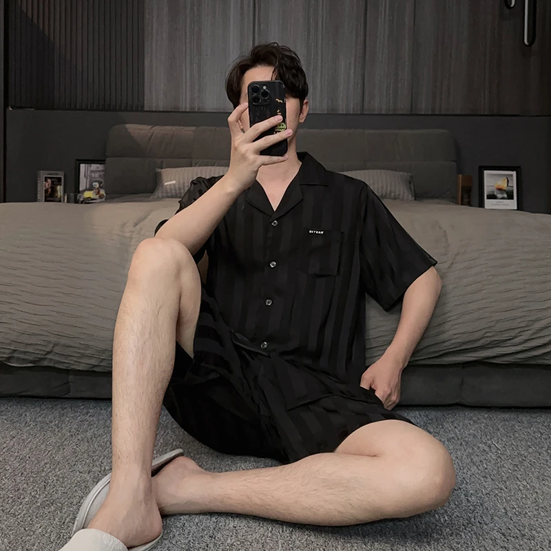 黑色条纹睡衣男士夏季薄款冰丝短袖短裤2025新款大码家居服男套装