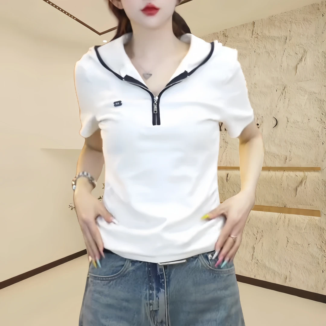 2025春夏百搭帽衫显瘦半开领短袖T恤休闲时尚夏季连帽纯色上衣