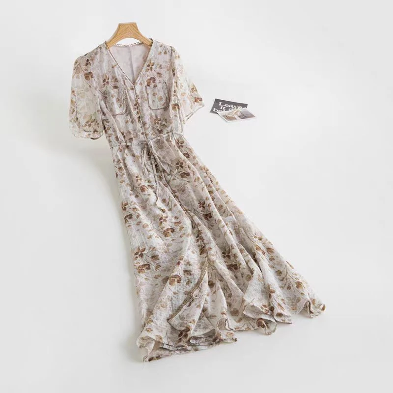 S481【专属】2025夏新款碎花短袖印花V领修身连衣裙RS-TPF25BL7115