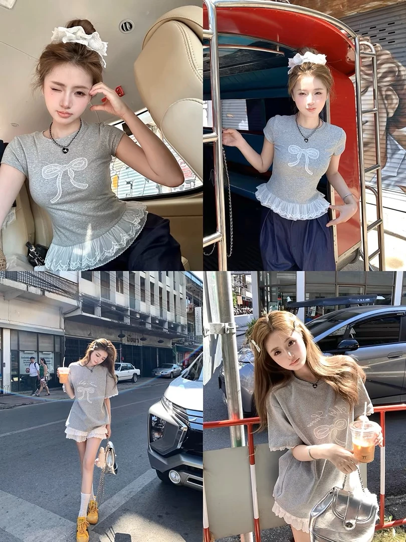 俏皮珍妮 灰色蝴蝶结刺绣蕾丝修身T恤宽松短袖女甜妹上衣 3477