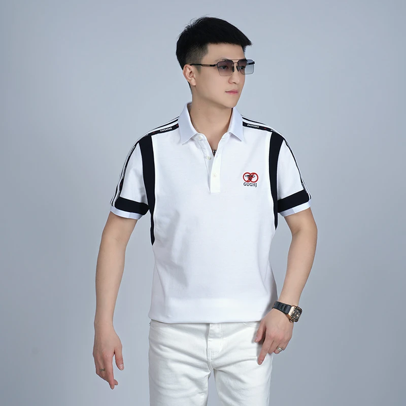 2025夏季男士轻奢潮流织带拼接刺绣POLO衫男时尚百搭休闲修身短袖