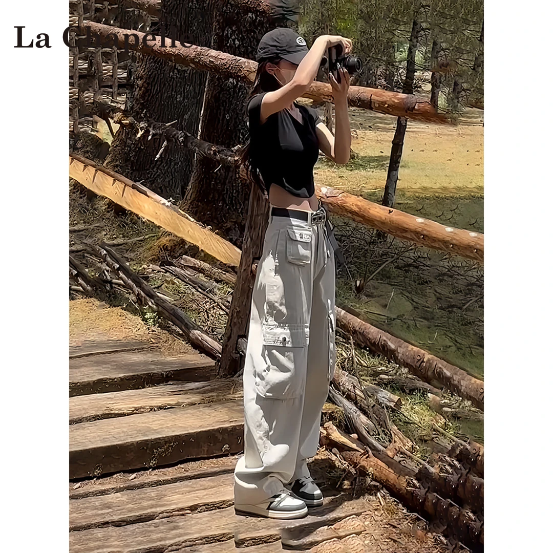 拉夏贝尔白色工装裤女2025新款夏季宽松垂感美式直筒阔腿裤小个子