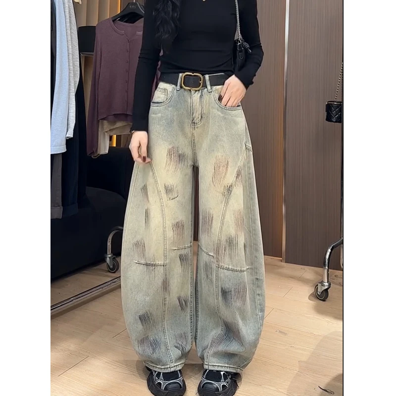 小个子牛仔裤女士2025年秋季新款裤子爆款复古高腰宽松弯刀阔腿裤