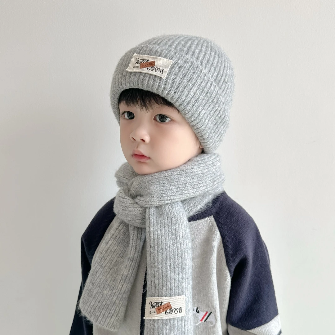 儿童帽子冬季男童毛线帽围巾两件套冬天厚款防风护耳宝宝围脖套装