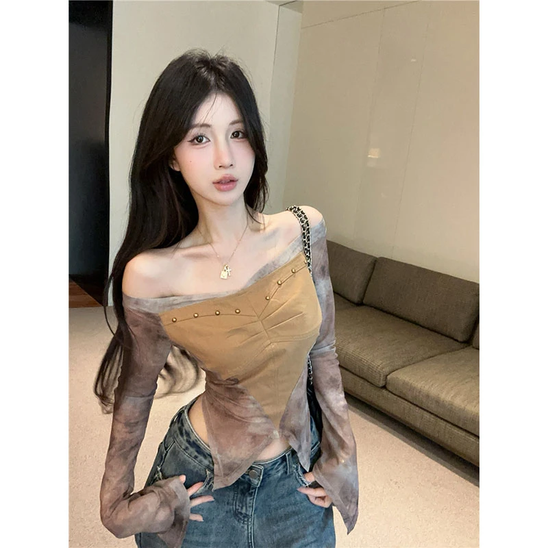 印花网纱长袖上衣秋季新款修身显瘦不规则短款T恤阔腿休闲裤套装