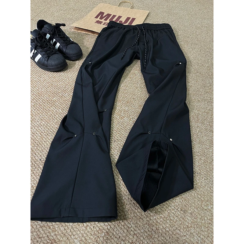 黑色铆钉冰丝裤子男夏季薄款美式褶皱速干伞兵裤垂感休闲微喇西裤