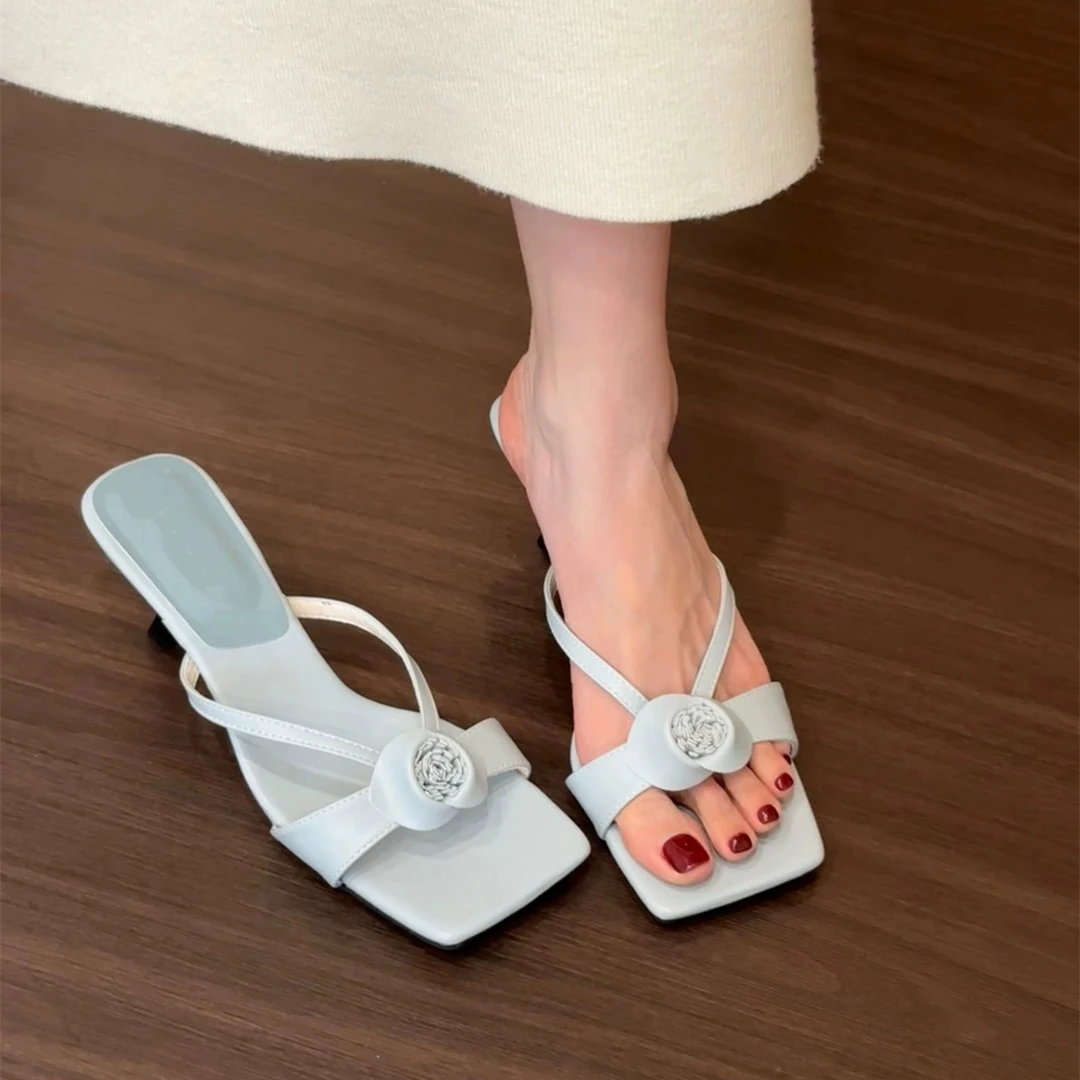 小众高跟鞋蓝色花朵法式凉拖鞋女鞋子外穿2025夏季配裙子仙女凉鞋
