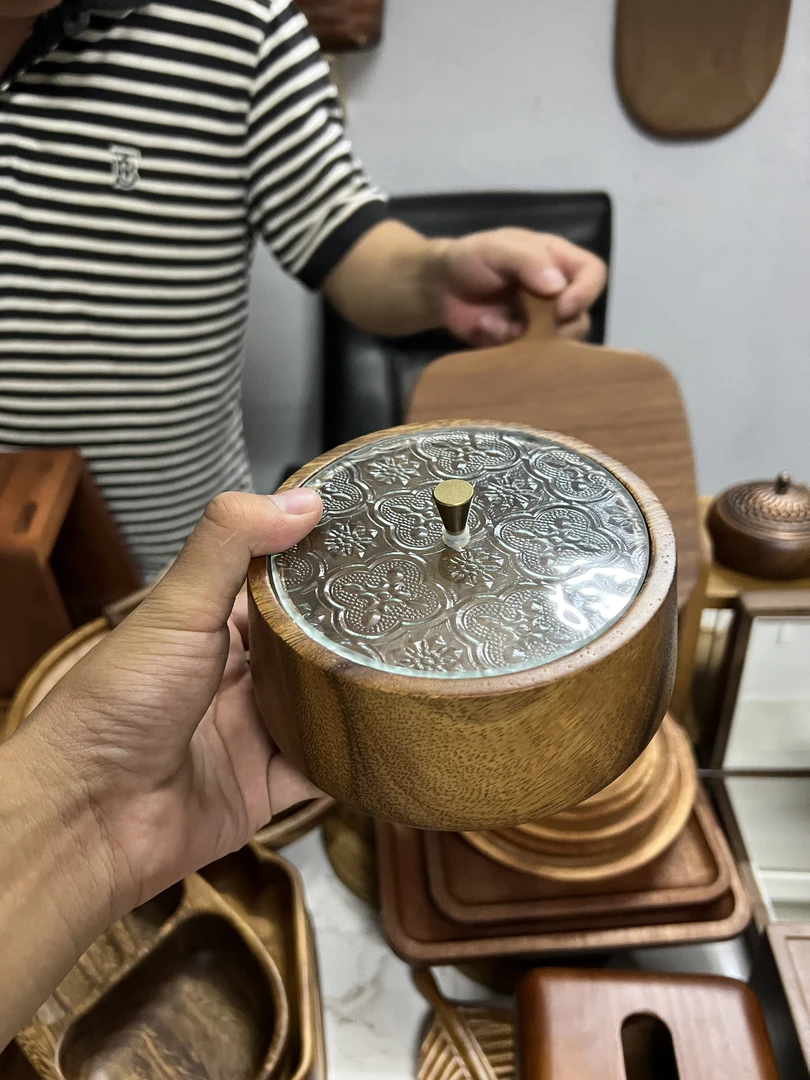 胡桃木坚果盒圆形可堆叠围炉实木点心盘干果盘甜糕点心盘