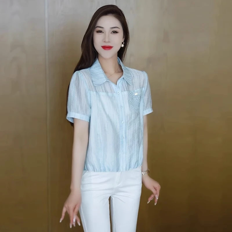 天丝雪纺时尚百搭短袖条纹衬衫女2025夏季新款小个子短款刺绣上衣