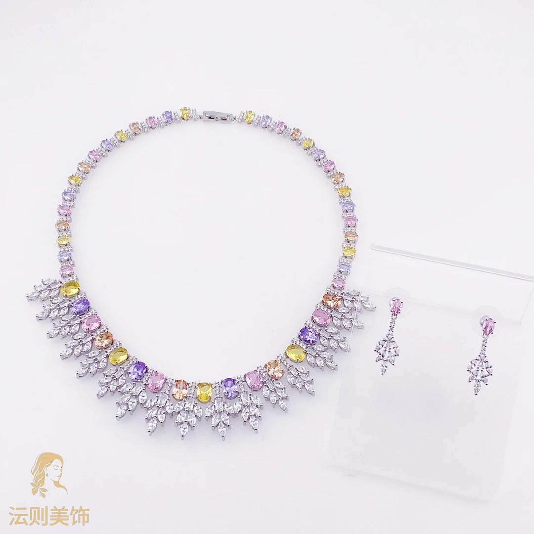 铜合金锆石项链 H131《》LYTJ30456黑色波浪水滴奢华款项链套装