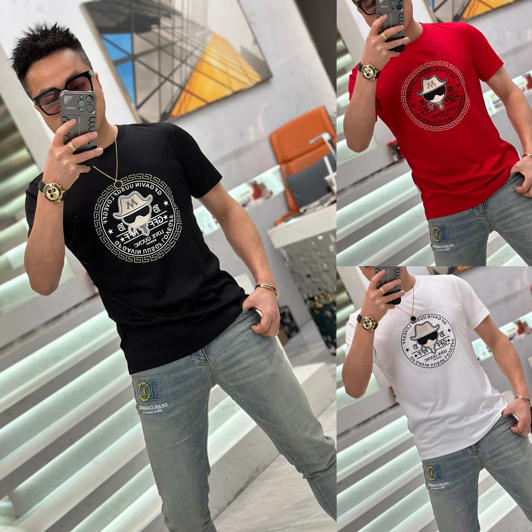 【发现者】2025春夏新款圆领休闲烫钻短袖男士高端半袖T恤OY68003