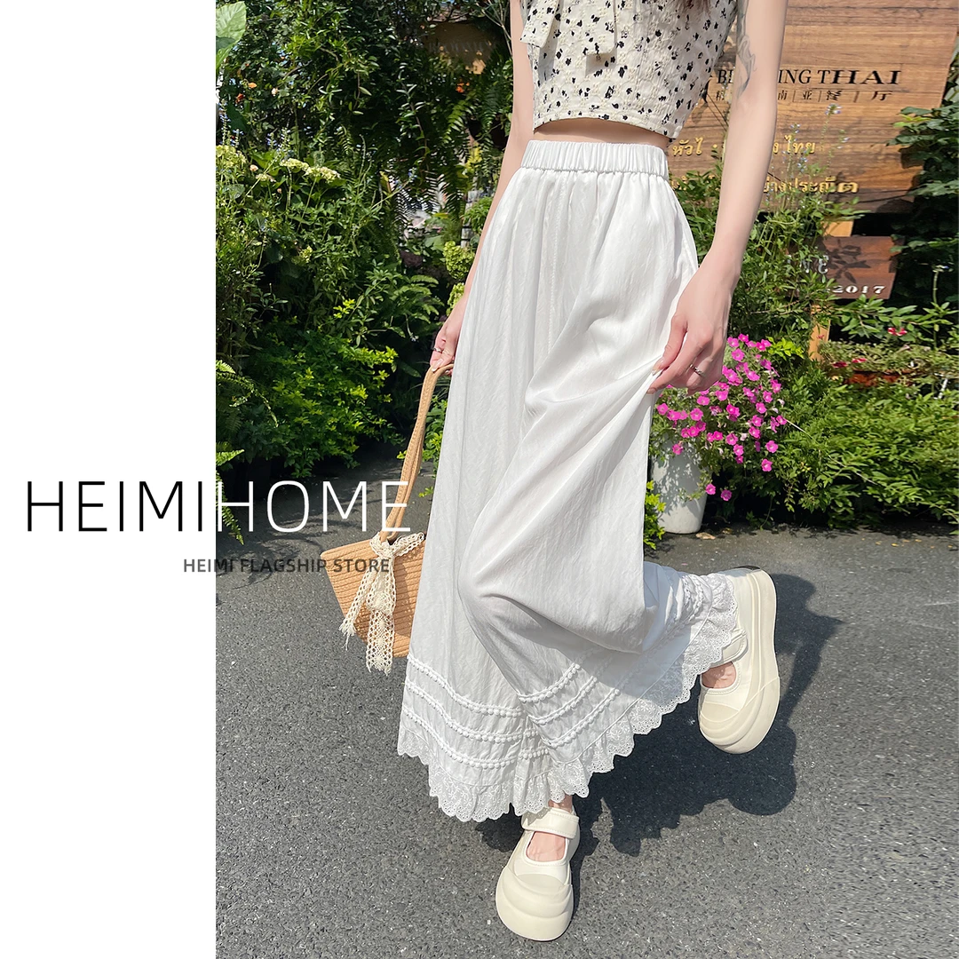 原宿风白色蕾丝花边休闲裤女夏薄款高腰阔腿九分裤小个子直筒裤子