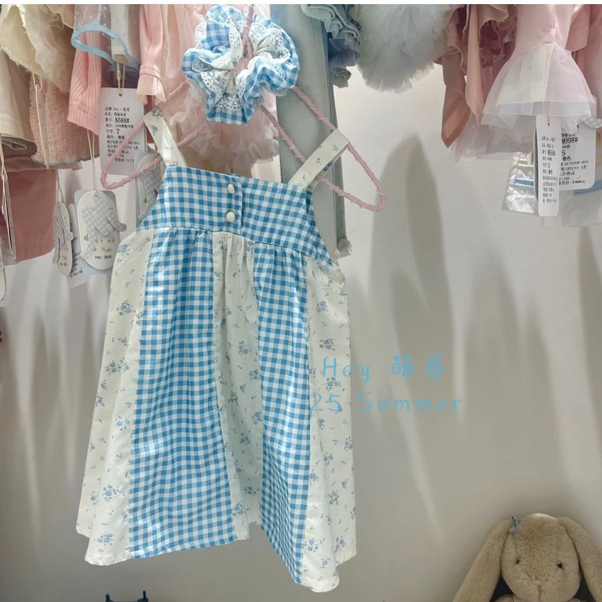 萌希·25夏~格子碎花吊带连衣裙M751（蓝色）