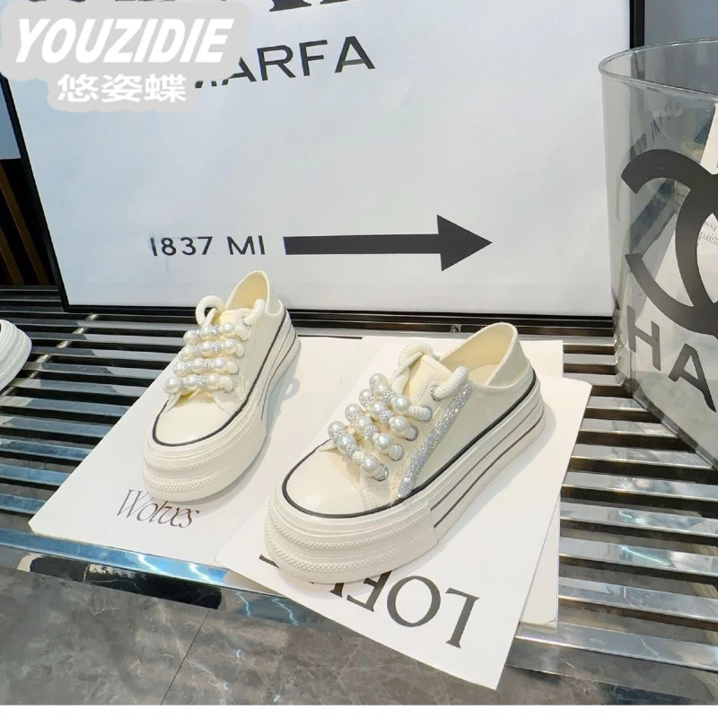 YOUZIDIE2025春季新款重工水钻帆布鞋厚底时尚女鞋低帮休闲单鞋一