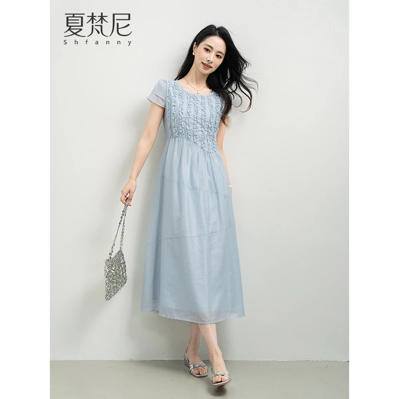 夏梵尼星语空蓝2025年夏季新款掐腰气质木耳边法式收腰连衣裙