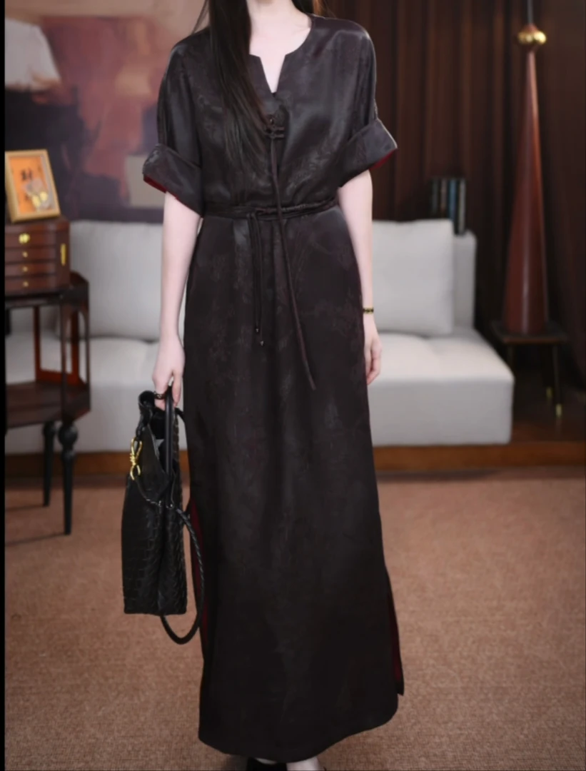 【翰林】香云纱长款百搭时尚宽松春夏清凉气质新中式国风连衣裙