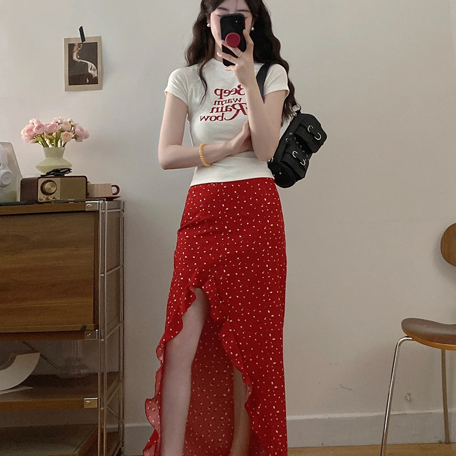 大码女装白色T恤女短袖夏季开叉花边裙摆设计长裙两件套