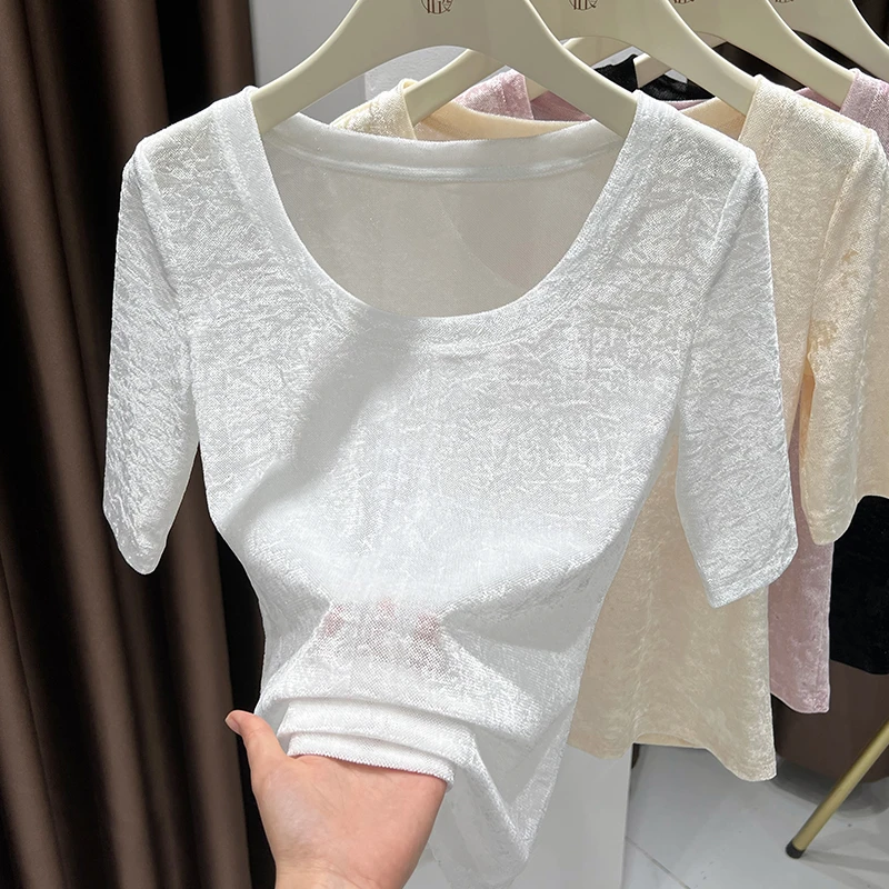 白色气质圆领网纱薄透t恤女夏季高档丝绒五分袖修身小衫新款上衣