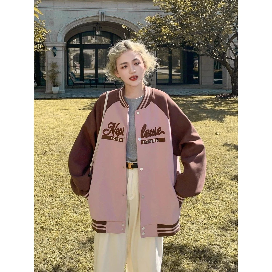 粉色美式棒球服短外套女2025秋季新款复古学院风加绒加厚宽松夹克