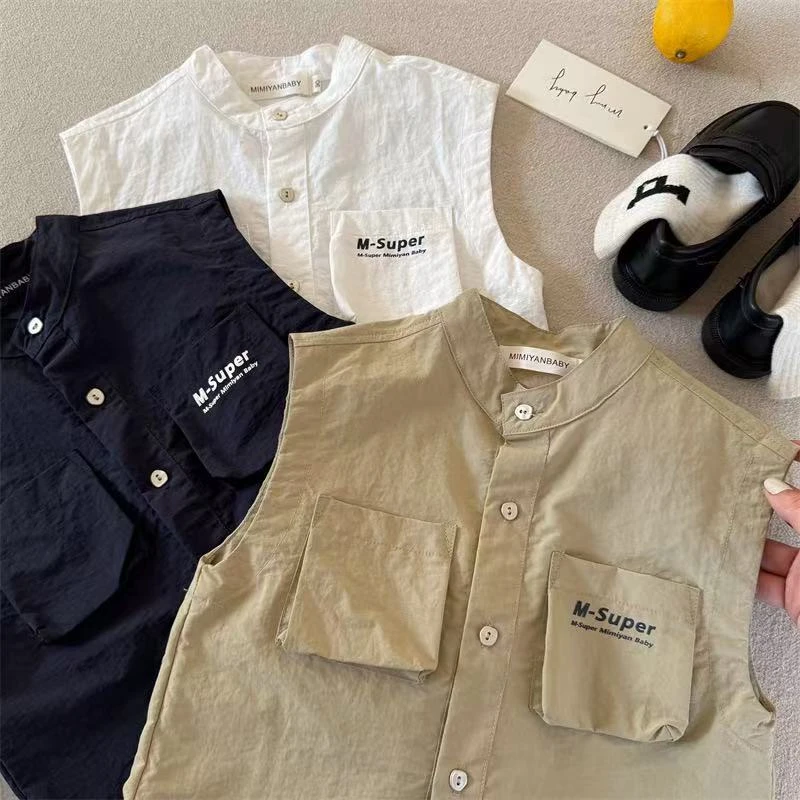 儿童背心2025夏季新品男女童工装口袋衬衫宝宝无袖衬衣外套50300