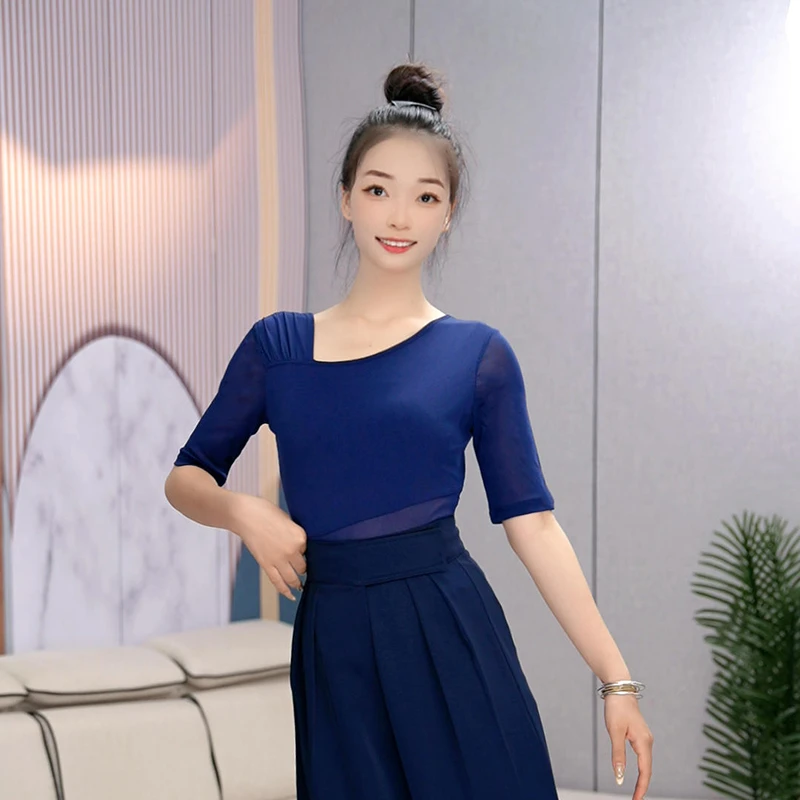拉丁舞服摩登舞练功服双人舞上衣斜领时尚国标舞训练舞服运动优雅