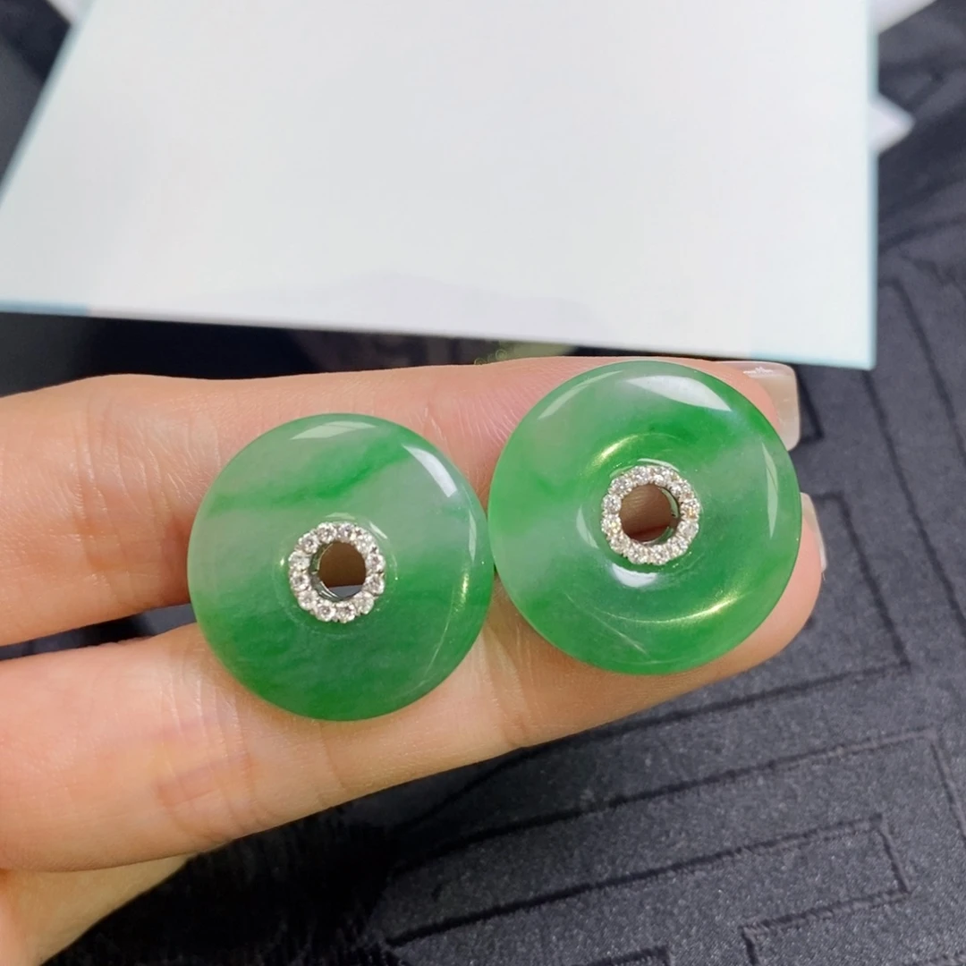 翡翠18K金镶嵌耳饰花青色甜甜圈