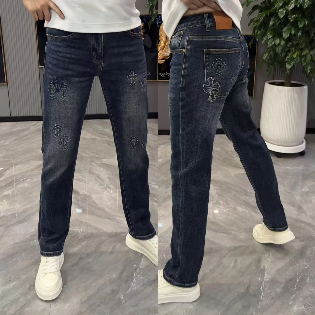男士牛仔裤秋季新款裤子男款爆款时尚刺绣小直筒裤男弹力修身百搭