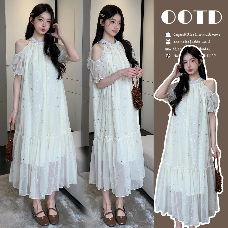 夏季孕妇网纱连衣裙甜美气质显瘦短袖露肩宽松仙女裙辣妈雪纺裙子