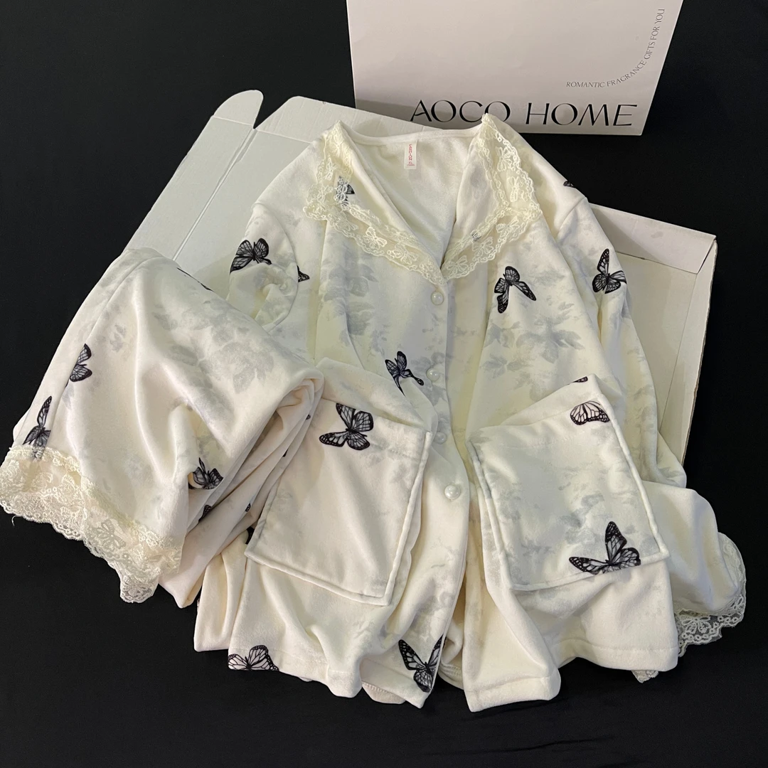 睡衣女秋冬季超柔软海岛绒2025新款大码加厚蝴蝶套装珊瑚绒家居服