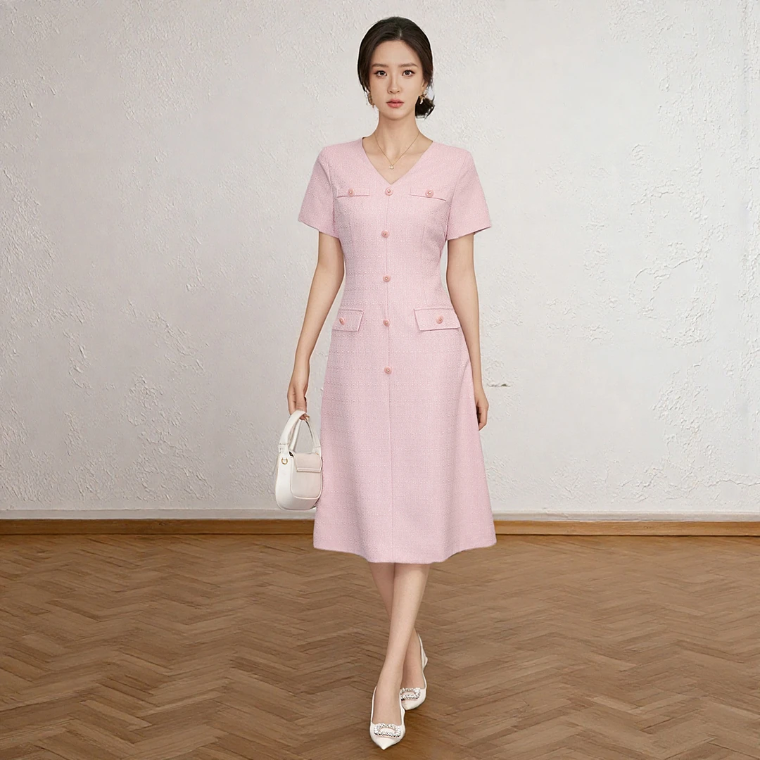 DUCURNO粉色法式连衣裙女夏季2025新款高级感时尚气质小香风裙子