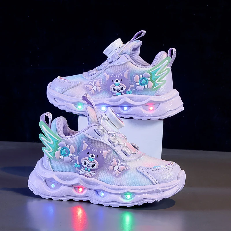 鞋子库洛米春秋新款透气网面跑步带灯光运动鞋旋转纽扣休闲公主鞋