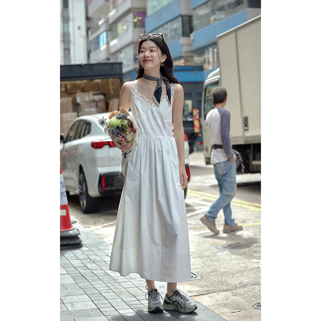 觅定白色蕾丝边吊带裙连衣裙夏季裙子清纯掐腰裙长裙DQ11220